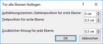 Word-Dialogfenster Für alle Ebenen festlegen