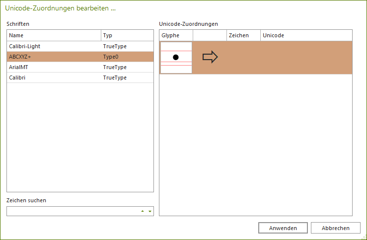 Dialogfenster: Unicode-Zuordnungen bearbeiten; für einen Aufzählungspunkt ist kein Unicode-Zeichen vorhanden