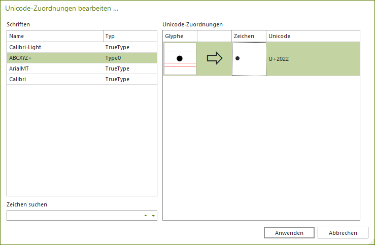 Dialogfenster: Unicode-Zuordnungen bearbeiten; Aufzählungspunkt hat Unicode-Zeichen U+2022 zugeordnet