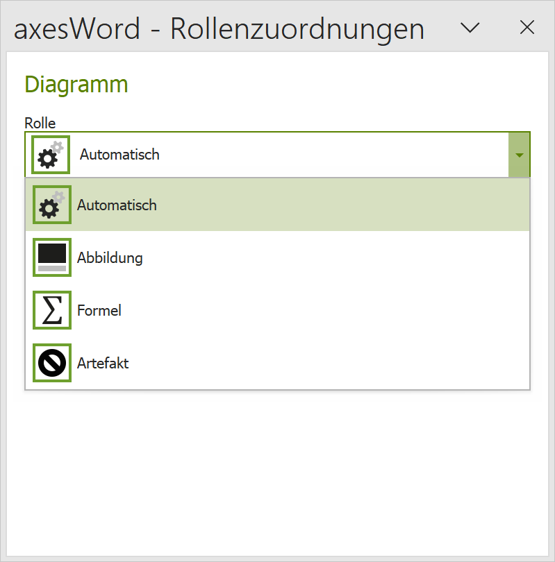 axesWord - Rollenzuordnungen: Menü aller Rollen für ein Diagramm