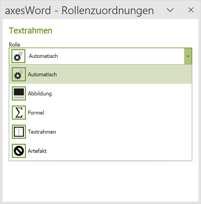 axesWord - Rollenzuordnungen: Menü aller Rollen für einen Textrahmen