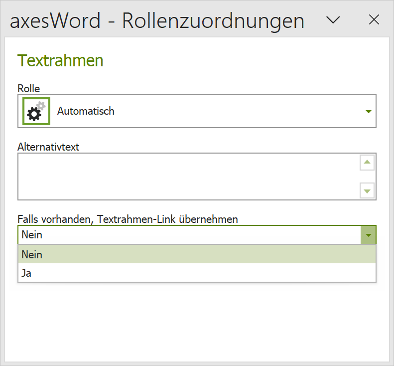 axesWord - Rollenzuordnungen: Einstellungen für einen Textrahmen
