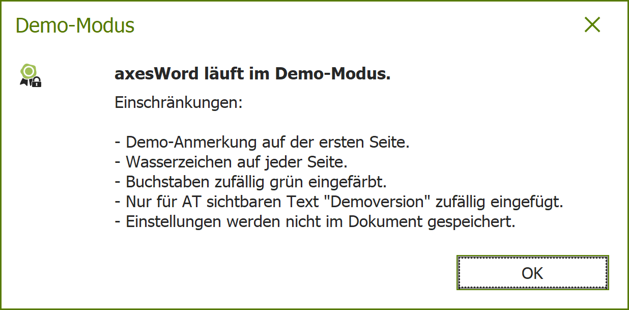Dialogfenster: axesWord läuft im Demo-Modus