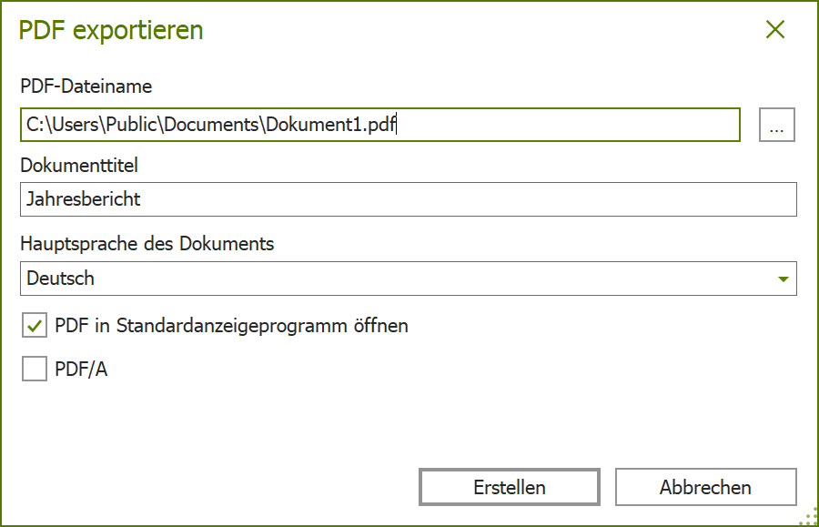 Dialogfenster: PDF exportieren