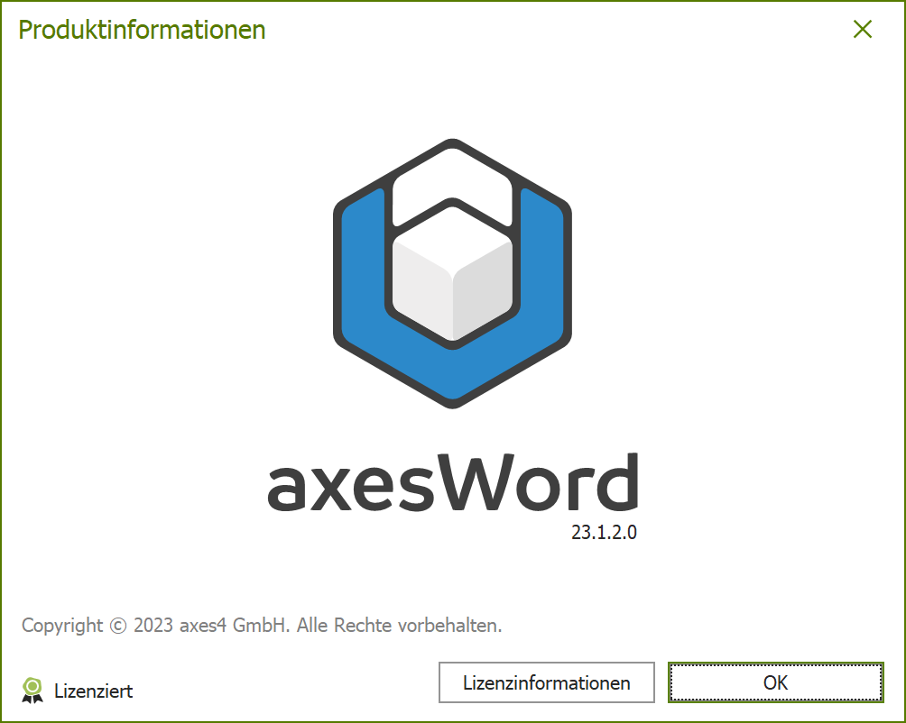 Dialogfenster: Produktinformationen