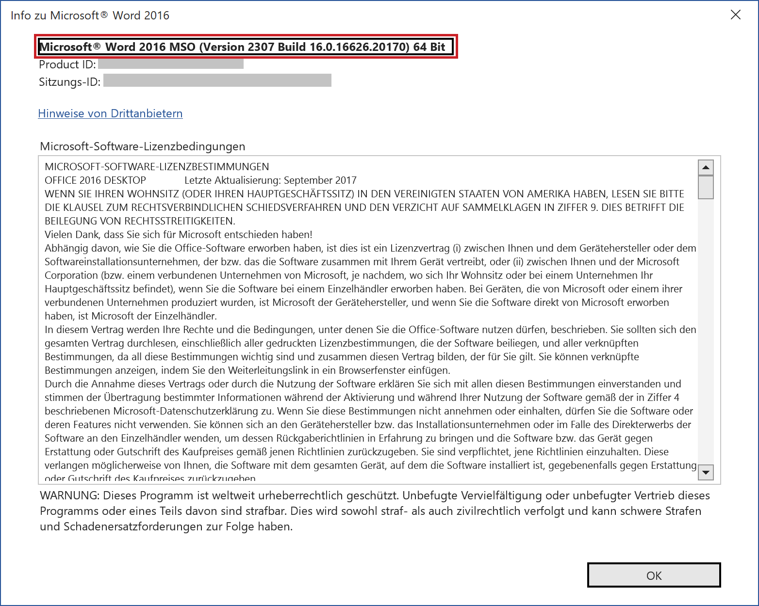 Dialogfenster: Info zu Word; Word-Versionsnummer hervorgehoben