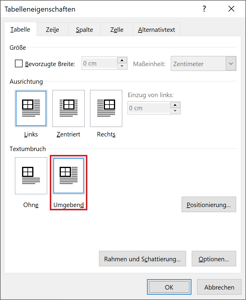 Dialogfenster: Tabelleneigenschaften, Option 'Umgebend' hervorgehoben