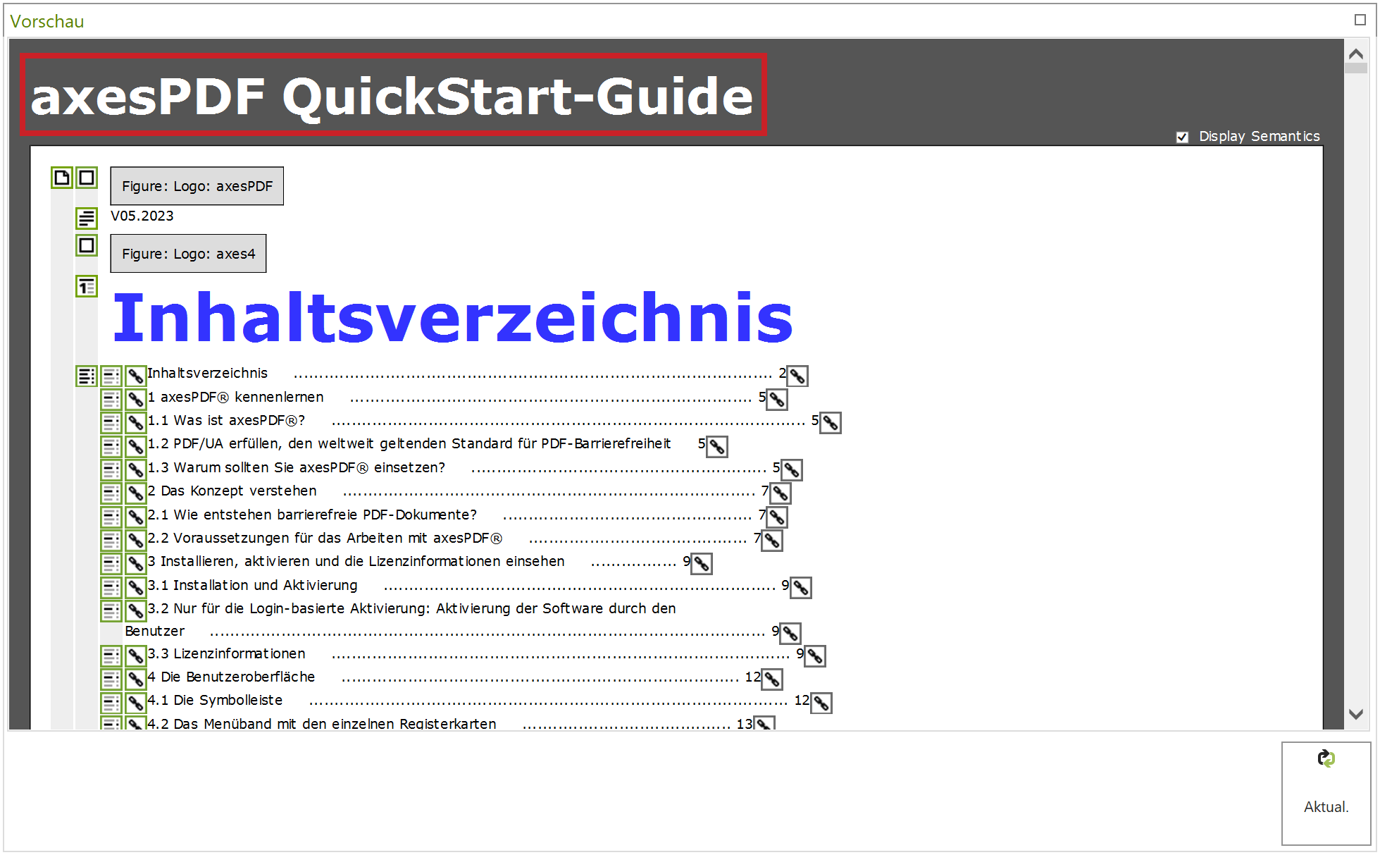 Screenreader-Vorschau: Dokumentitel hervorgehoben