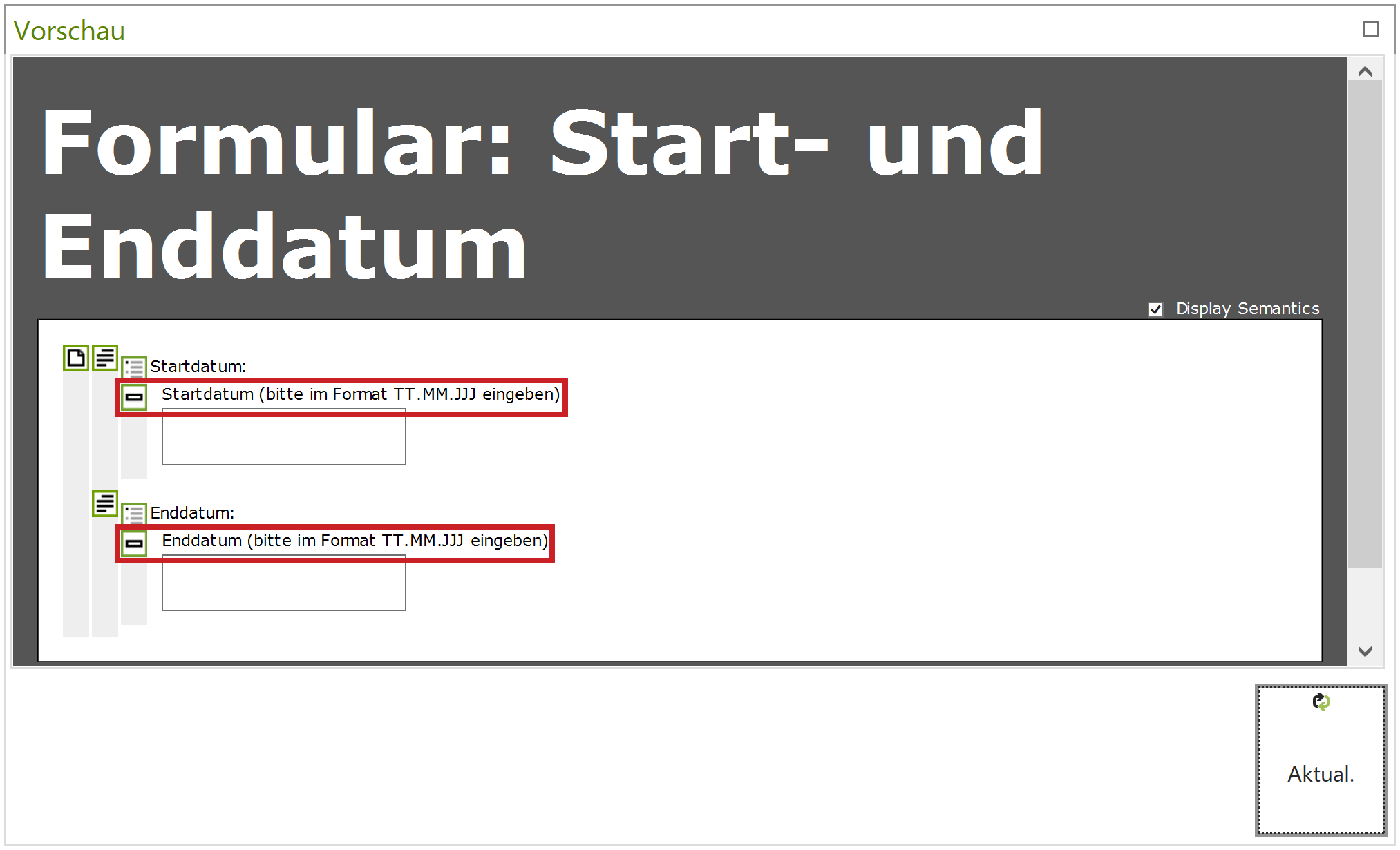 Screenreader-Vorschau: Formularfeld - QuickInfo