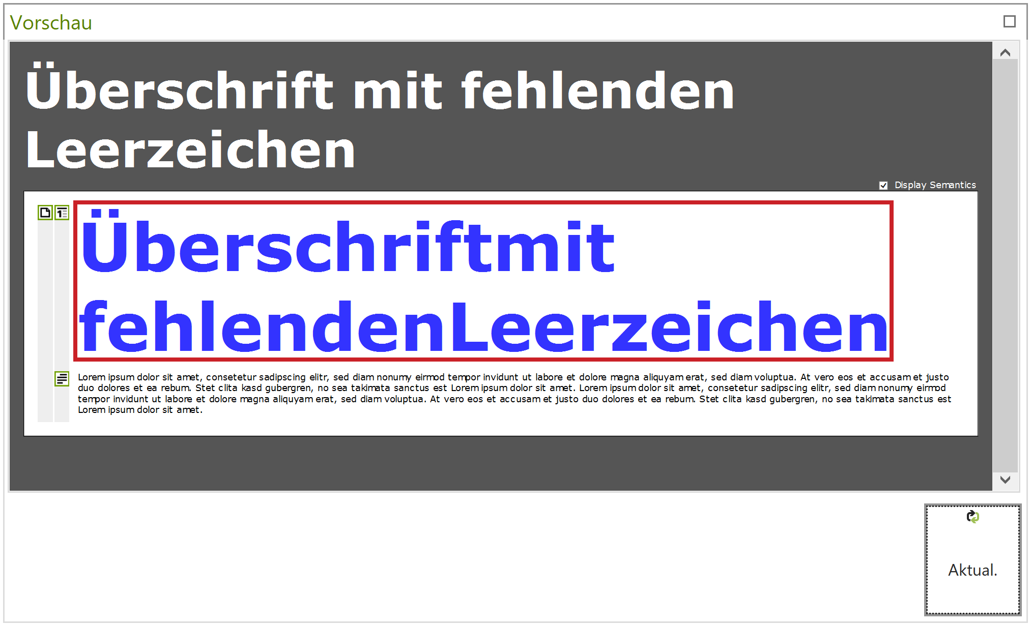 Screenreader-Vorschau: Fehlende Leerzeichen in einer Überschrift