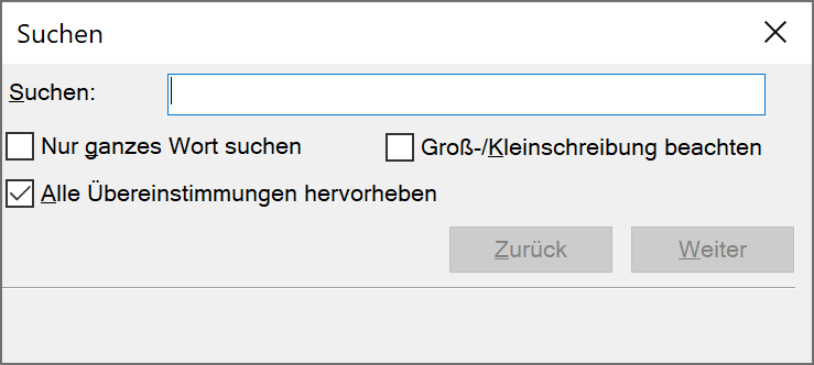 Screenreader-Vorschau: Dialogfenster Suchen