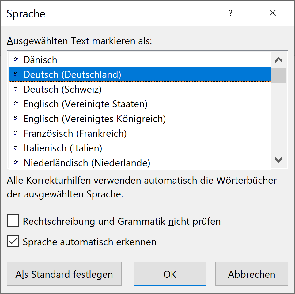 Word-Dialogfenster: Sprache