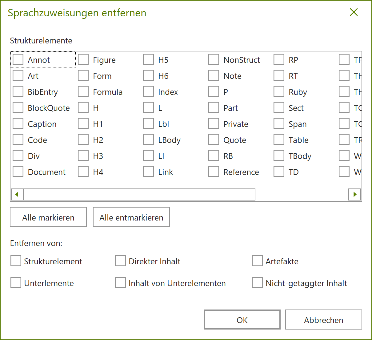 Dialogfenster: Sprachzuweisungen entfernen; Erweiterte Optionen
