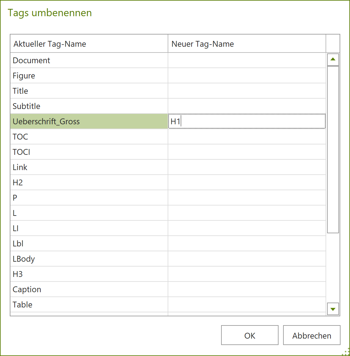 Dialogfenster: Tags umbenennen; für 'Ueberschrift_Gross' wurde 'H1' eingegeben