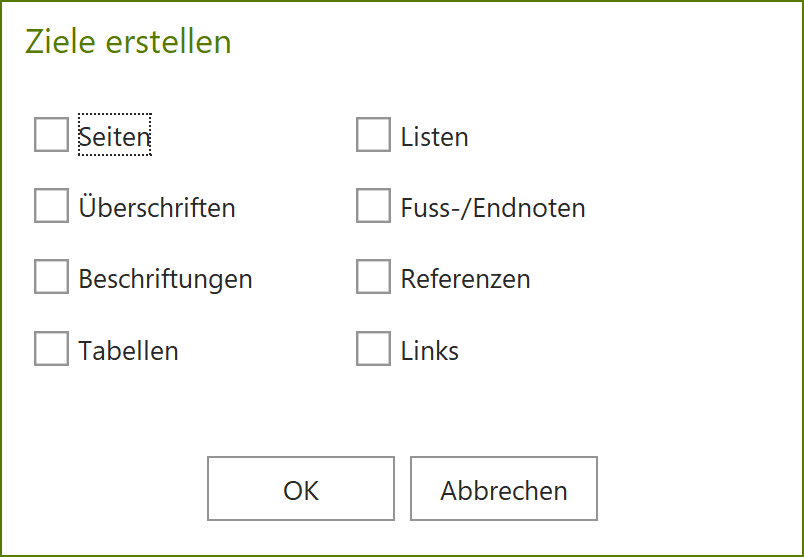 Dialogfenster: Ziele erstellen