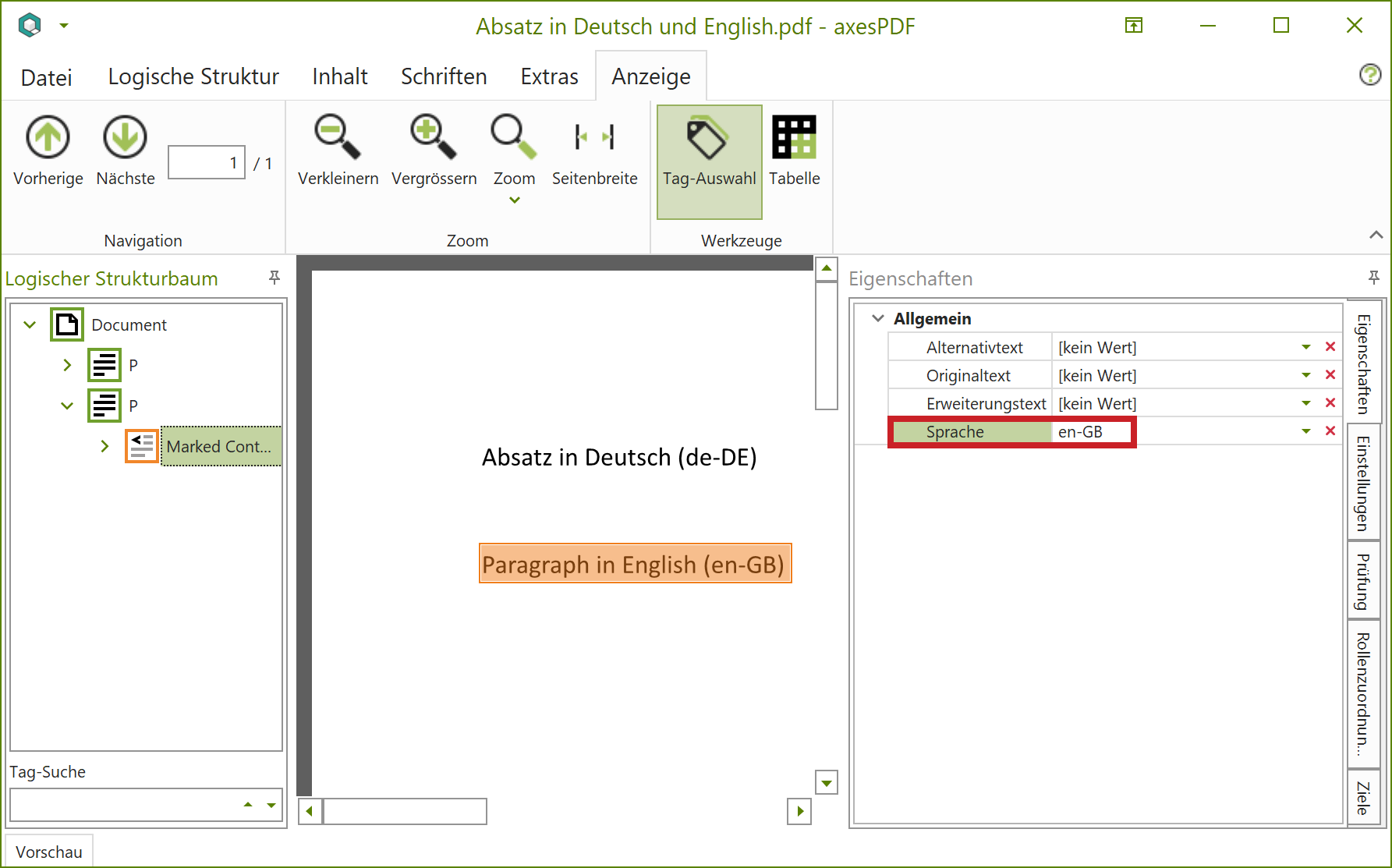 axesPDF: Aufgabenbereich Eigenschaften - Sprache Contentelement