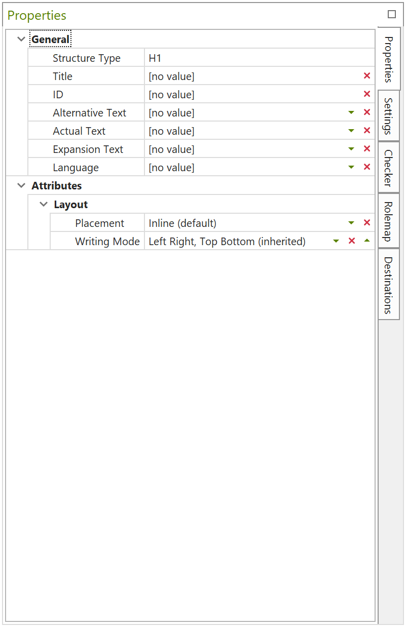 Task pane: Properties with properties of H1