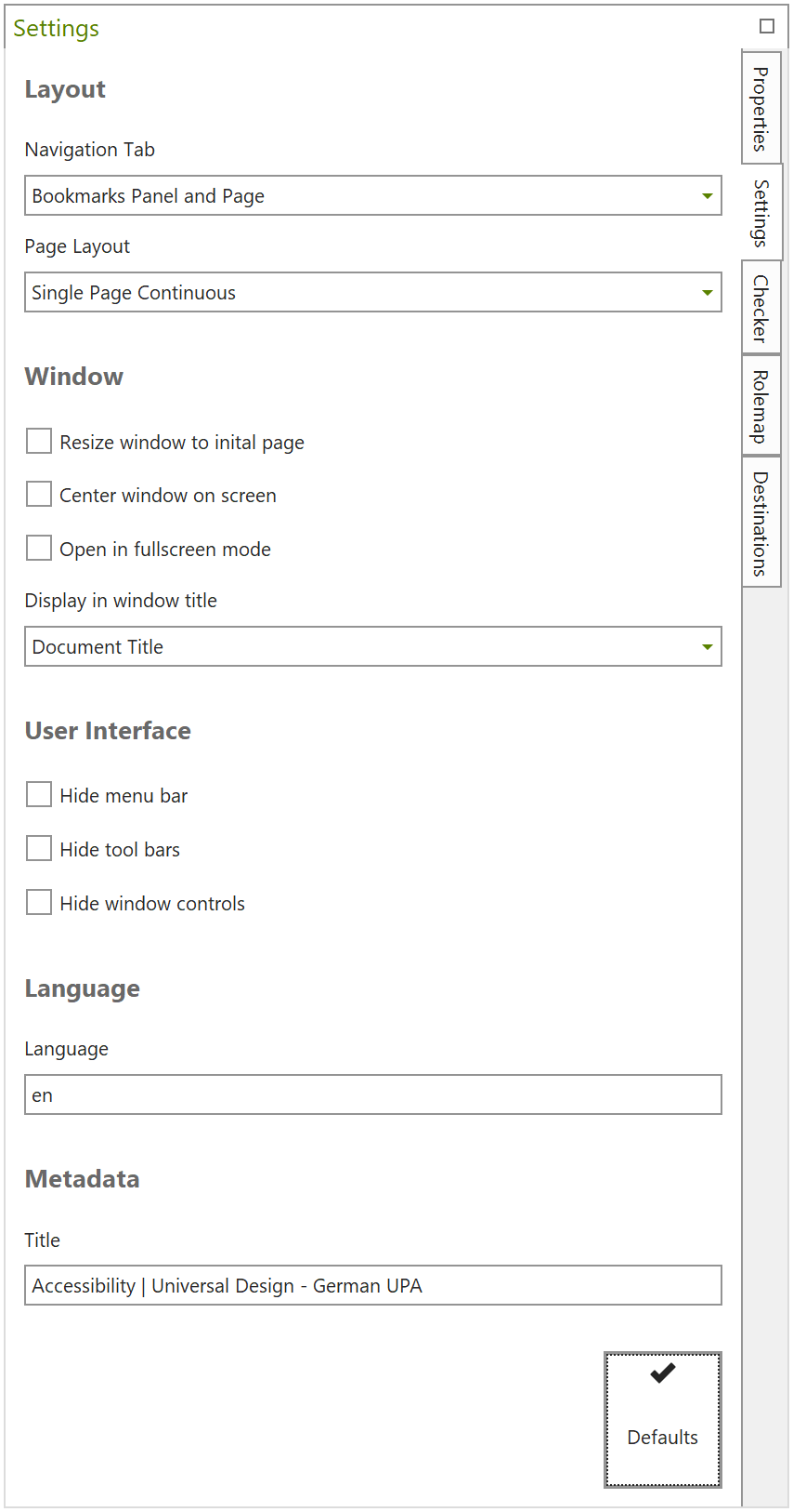 Task pane: Settings