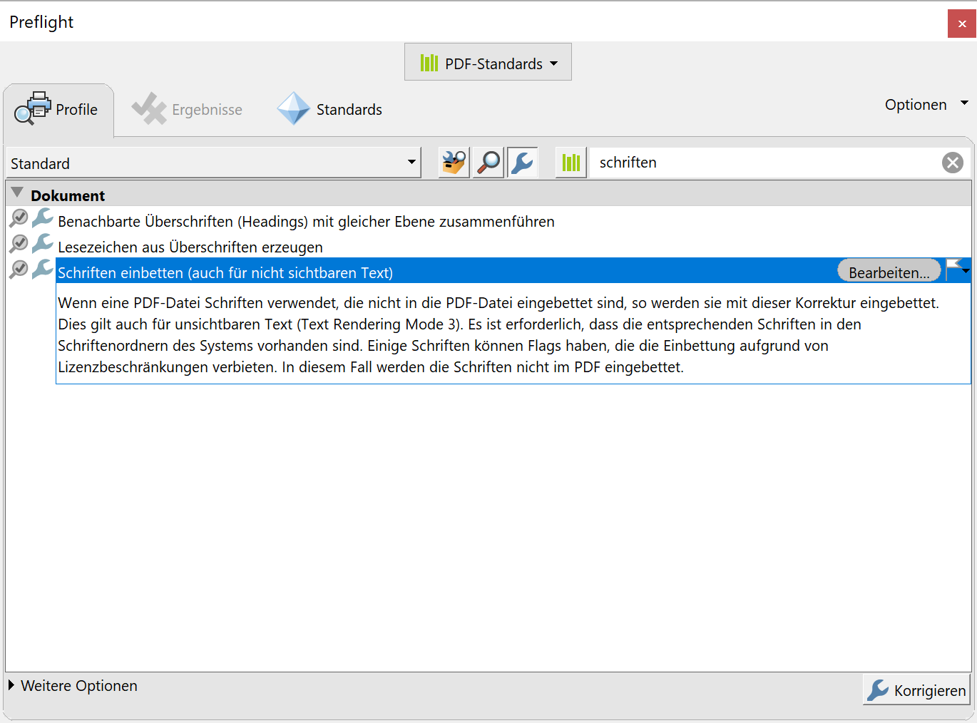 Acrobat-Dialogfenster Preflight