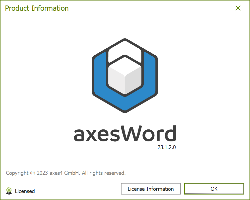 Dialogue box: Product Information