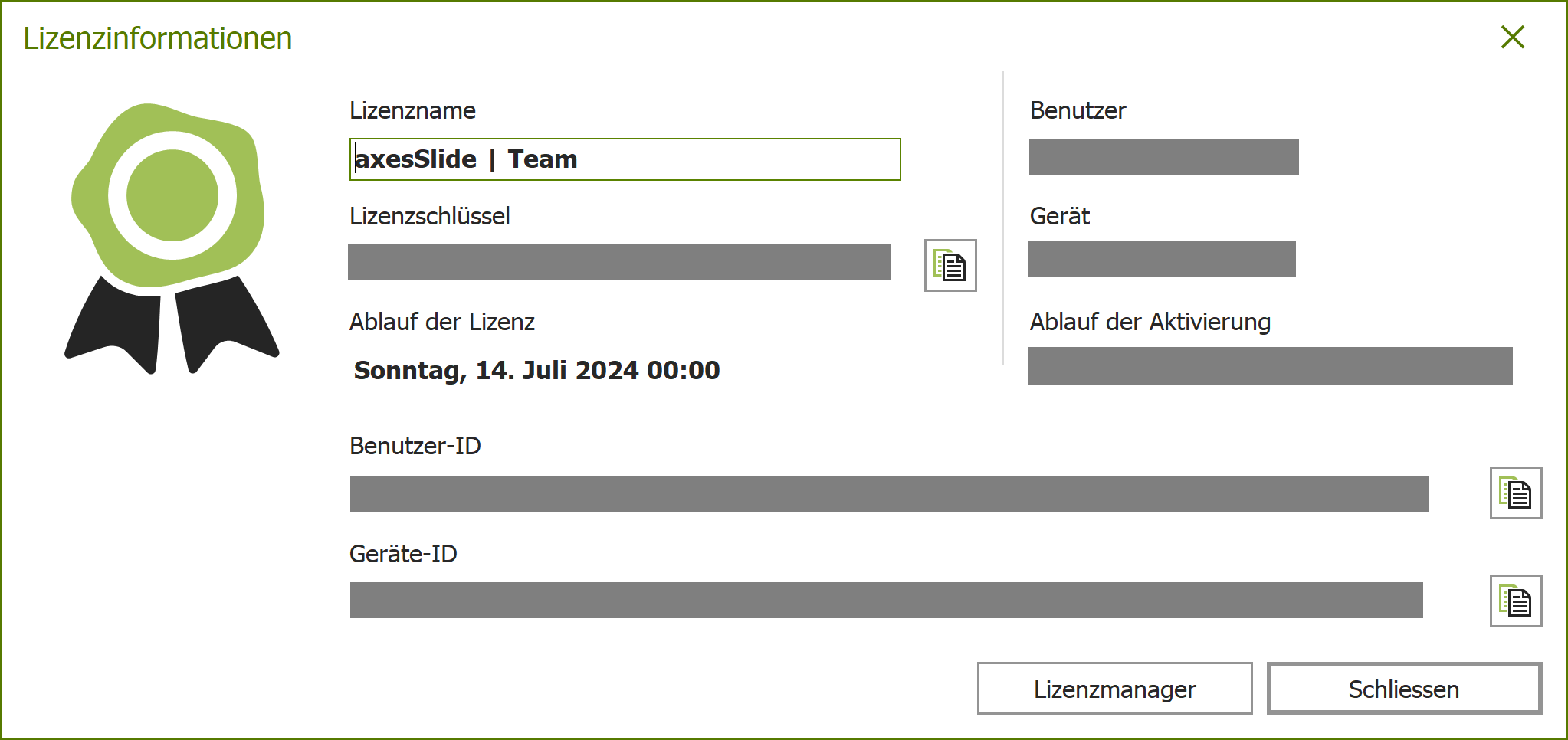 Bildschirmfoto: Dialogfenster 'Lizenzinformationen'