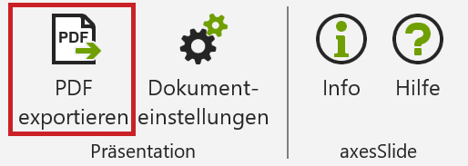 Bildschirmfoto: Registerkarte 'axesSlide'; Schaltfläche 'PDF exportieren' hervorgehoben