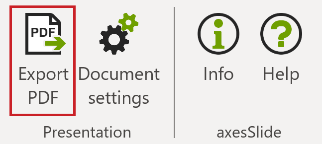 Screenshot: 'axesSlide' ribbon tab, the 'Export PDF' button is highlighed.