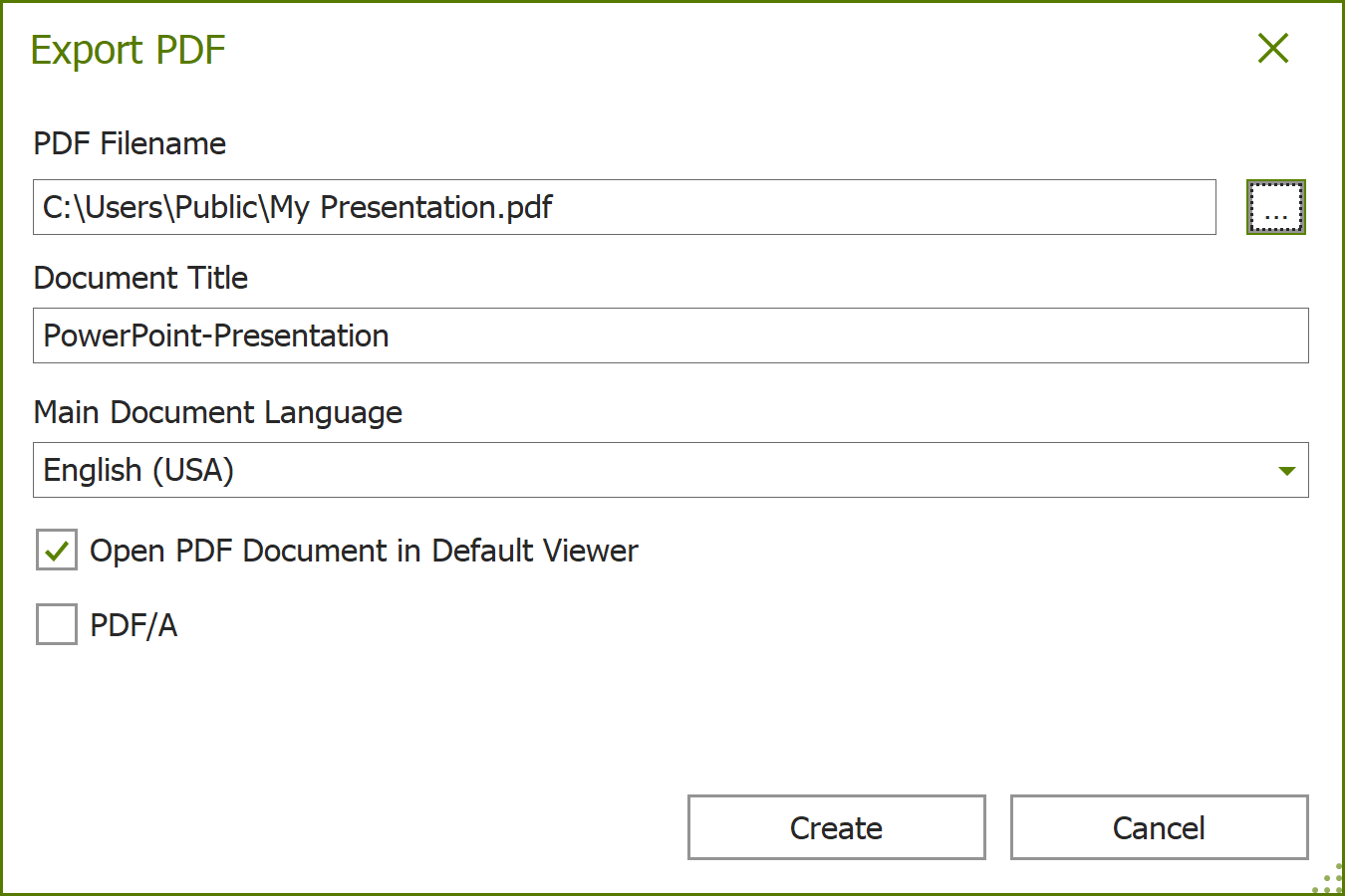 Screenshot: 'Export PDF' dialog box