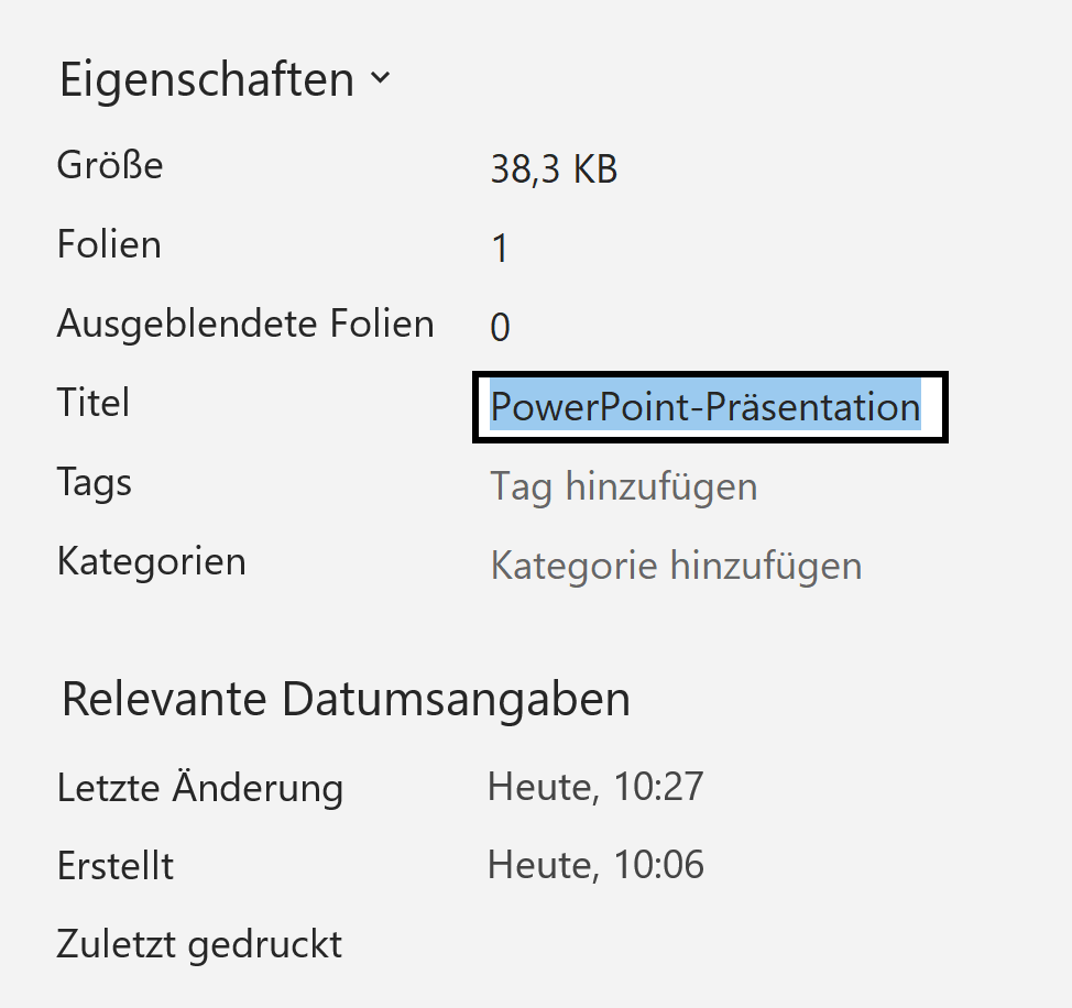 Bildschirmfoto: Ausschnitt der 'Eigenschaften' im Dialogfenster 'Informationen'. Das Textfeld 'Titel' wird editiert.