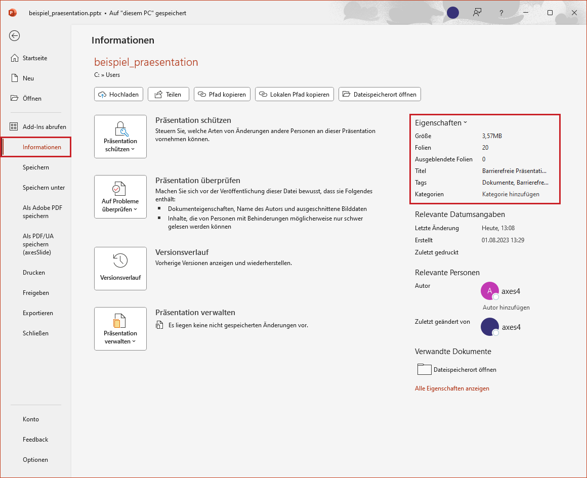 Bildschirmfoto: Dialogfenster 'Informationen'