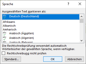 Bildschirmfoto: Dialogfenster 'Sprache'