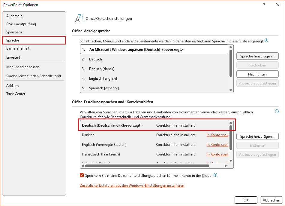 Bildschirmfoto: Dialogfenster 'PowerPoint Optionen' mit ausgewählter Menüoption 'Sprache'. In den 'Office-Spracheinstellungen' ist die Erstellungssprache 'Deutsch (Deutschland)' hervorgehoben.