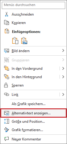 Bildschirmfoto: Kontextmenü eines Objektes. Der Eintrag 'Alternativtext anzeigen' ist hervorgehoben.