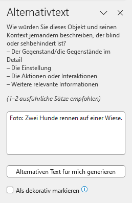 Bildschirmfoto: Im Bereich 'Alternativtext' ist ein Alternativtext in das Textfeld eingetragen.