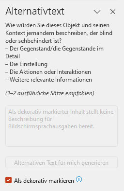 Bildschirmfoto: Im Bereich 'Alternativtext' ist das Kontrollkästchen 'Als dekorativ markieren aktiviert.