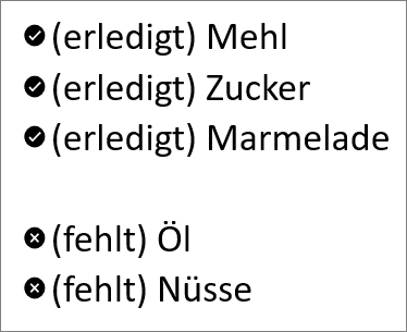 Bildschirmfoto: Eine Aufzählung mit fünf Punkten. Die ersten drei Punkte haben einen Haken als Aufzählungszeichen. Daneben stehen die Texte '(erledigt) Mehl', '(erledigt) Zucker' und '(erledigt) Marmelade'. Die unteren beiden Punkte haben ein Kreuz als Aufzählungszeichen. Daneben stehen die Texte '(fehlt) Öl' und '(fehlt) Nüsse'.