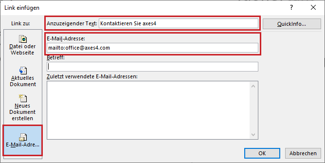 Bildschirmfoto: Dialogfenster 'Link einfügen'. Ausgewählt ist 'E-Mail-Adresse'. Im Textfeld 'Anzuzeigender Text' steht der Text 'Kontaktieren Sie axes4'. Im Textfeld 'E-Mail-Adresse' steht 'mailto:office@axes4.com'.