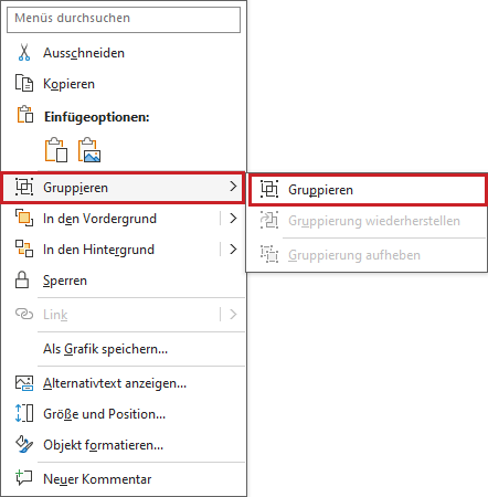 Bildschirmfoto: Kontextmenü von mehreren ausgewählten Objekten. Der Menüeintrag 'Gruppieren' ist ausgewählt und im aufgeklappten Menü ist der gleichnamige Menüeintrag 'Gruppieren' hervorgehoben.