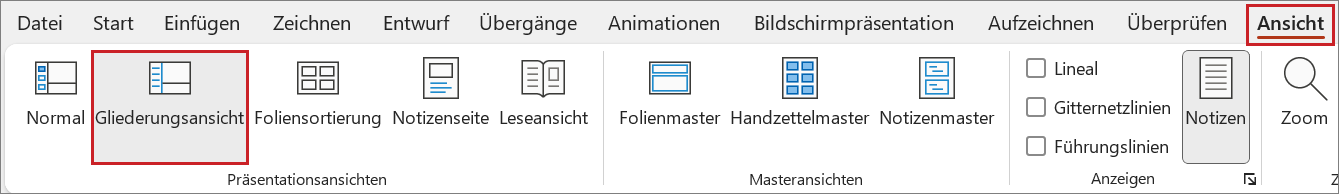 Bildschirmfoto: Registerkarte 'Ansicht' mit hervorgehobener Schaltfäche 'Gliederungsansicht'