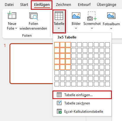 Bildschirmfoto: Registerkarte 'Einfügen' mit hervorgehobener Schaltfläche 'Tabellen' und dem geöffneten Tabellen-Menü mit einem Tabellenraster und dem Menüeintrag 'Tabelle einfügen'.