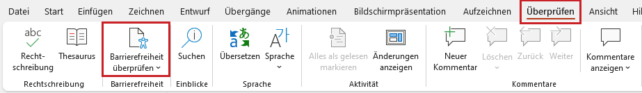 Bildschirmfoto: Registerkarte 'Überprüfen' mit hervorgehobener Schaltfläche 'Barrierefreiheit überprüfen'