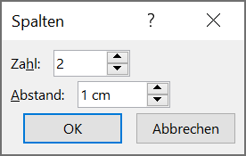 Bildschirmfoto: Dialogfenster 'Spalten' mit Textfeldern zur Eingabe von 'Zahl' und 'Abstand'.