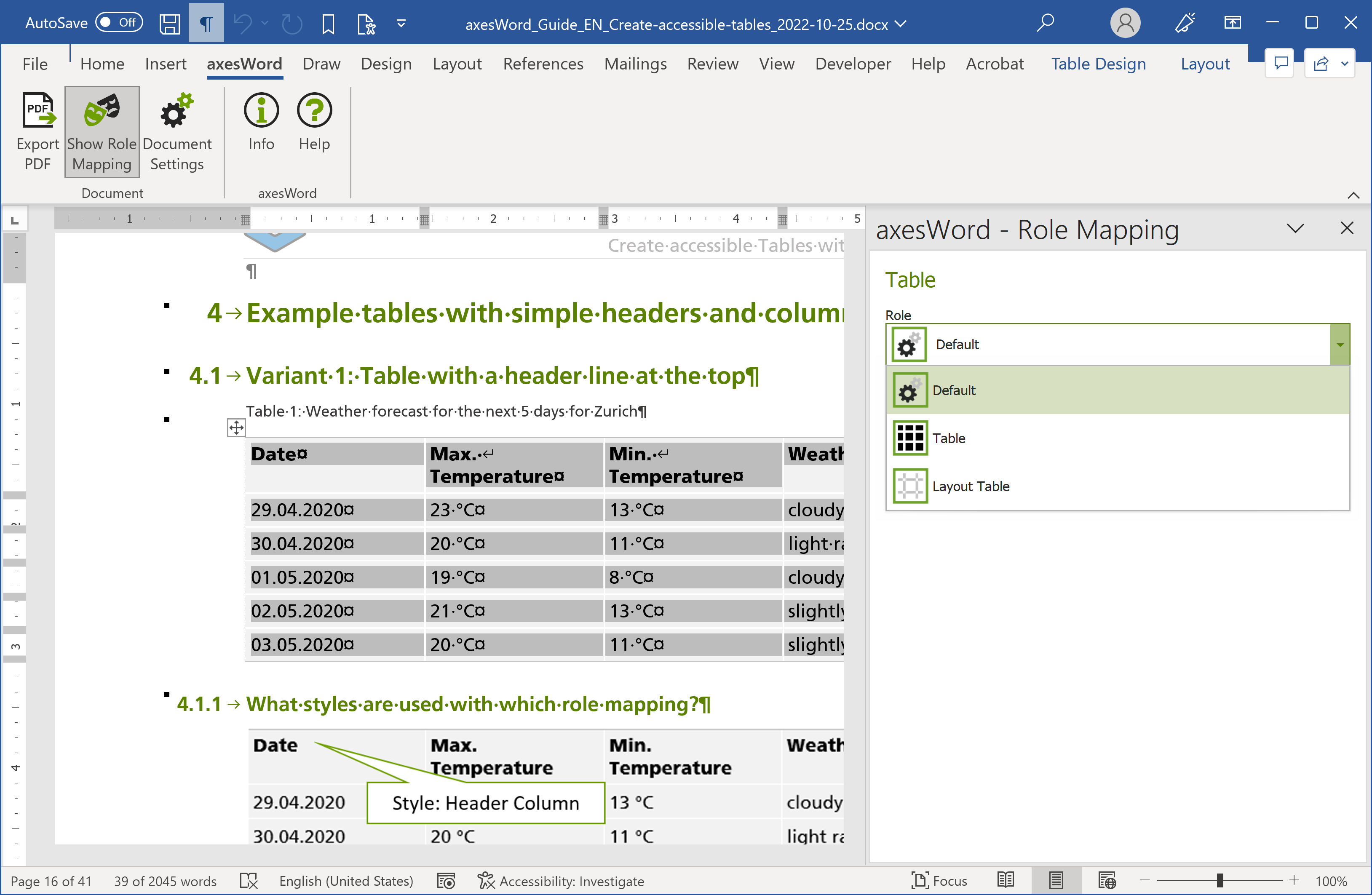 Word with table; axesWord-Rolemapping is Default