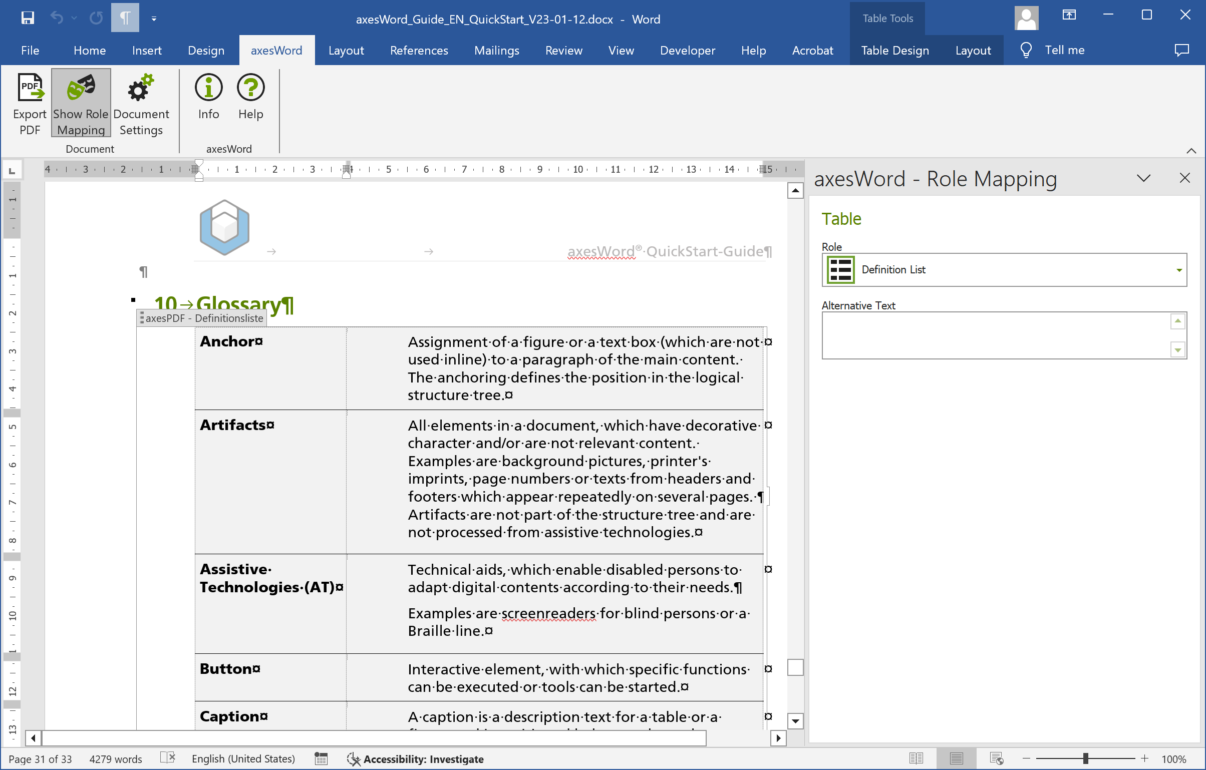 Word with table; axesWord-Rolemapping is Definition list