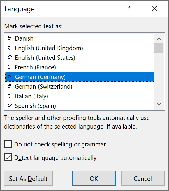 Dialogue box: Language