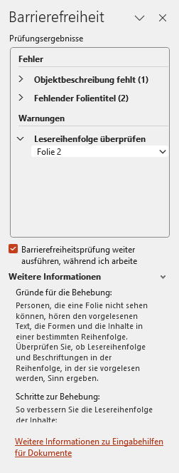 Bildschirmfoto: Der Bereich 'Barrierefreiheit'  mit einer Liste von Fehlern und Warnungen sowie weitere Informationen dazu darunter.