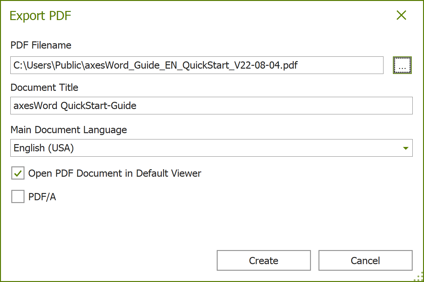 Dialogue box: Export PDF