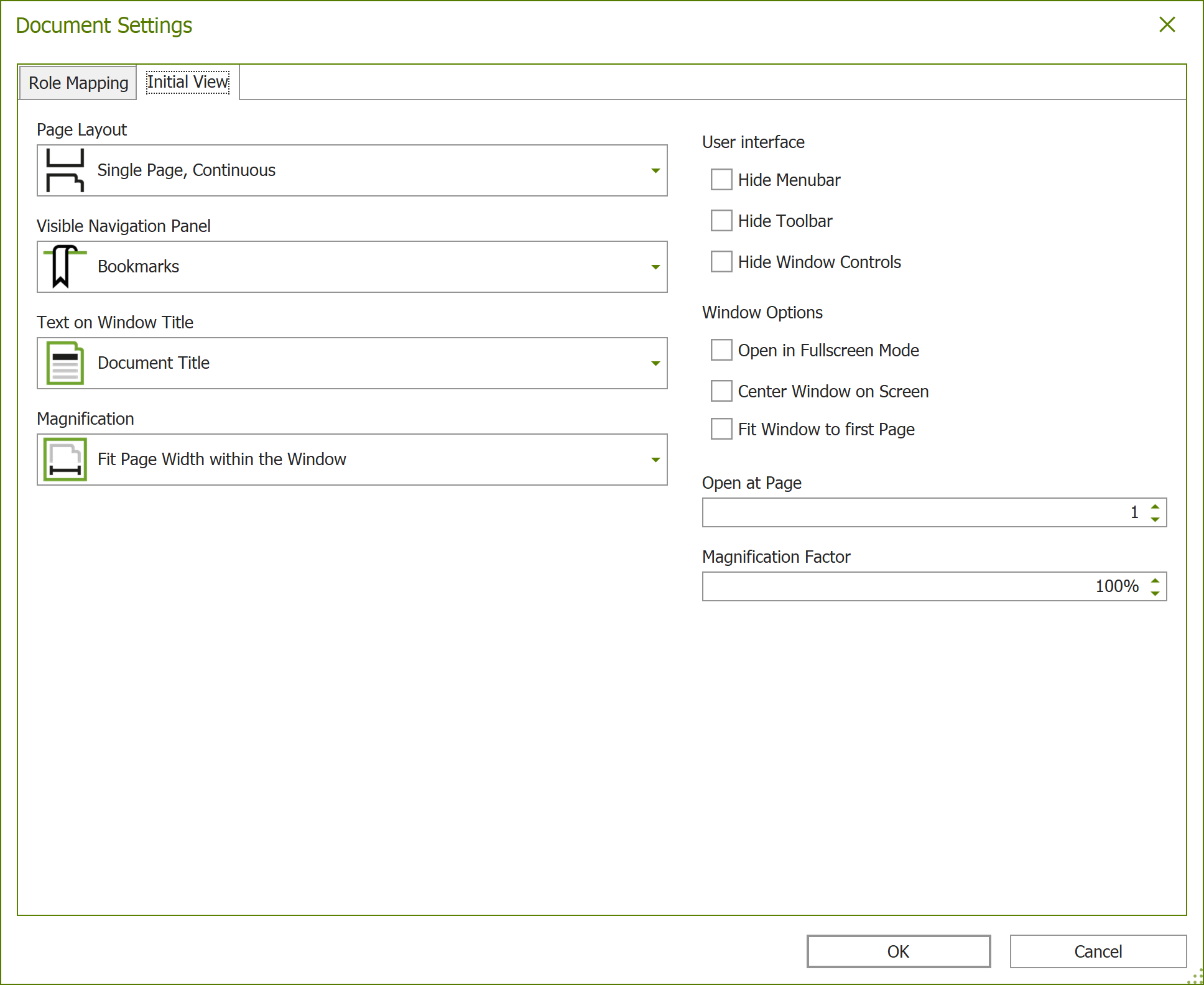 Dialogue box: Document Settings; tab 'Initial View'