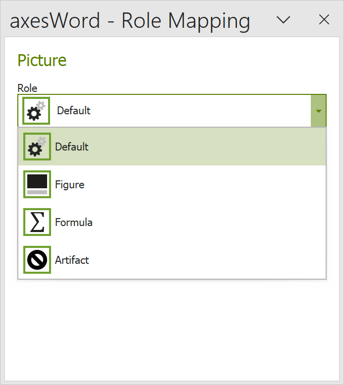 task pane 'axesWord-Rolemapping' of a figure; drop-down menu is open