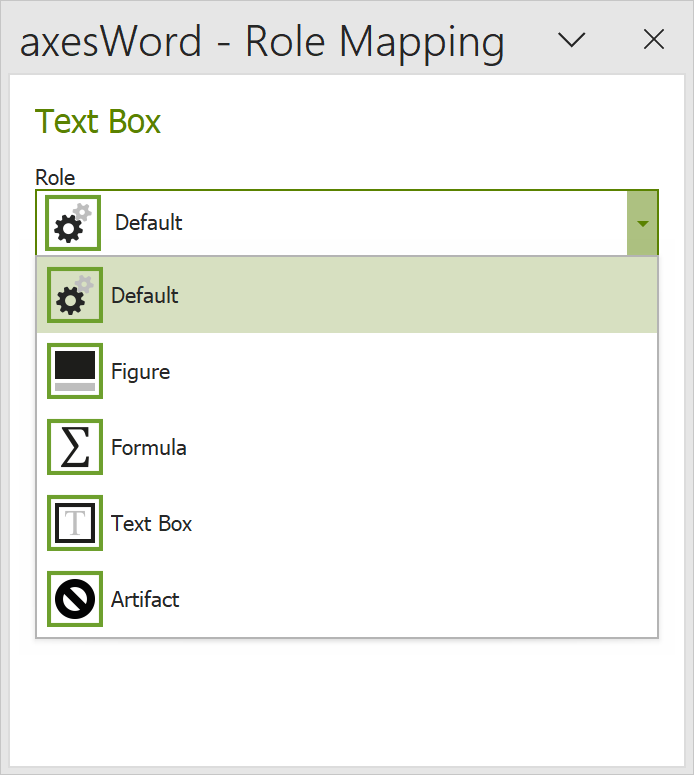 task pane 'axesWord-Rolemapping' of a text box; drop-down menu is open
